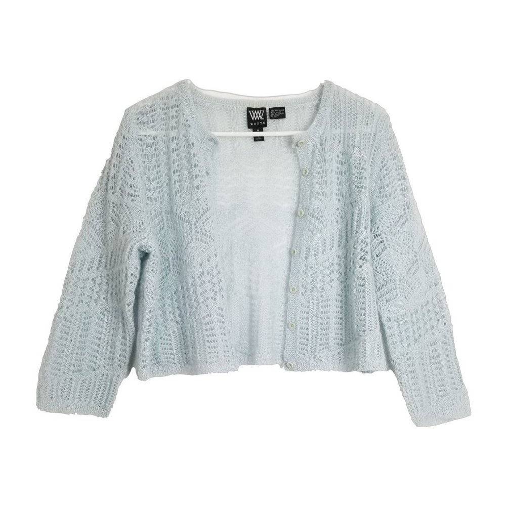 Worth Women's Size Medium Mohair Blend Baby Blue Cropped Cardigan Sweater